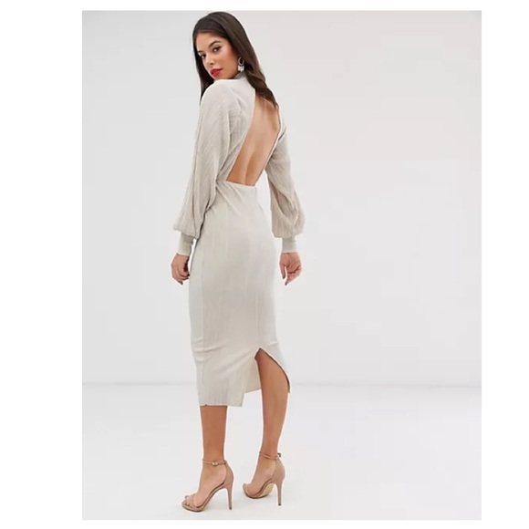 ASOS DESIGN Plisse High Neck Ballon Sleeve Open Back Midi Dress - Picture 3 of 9